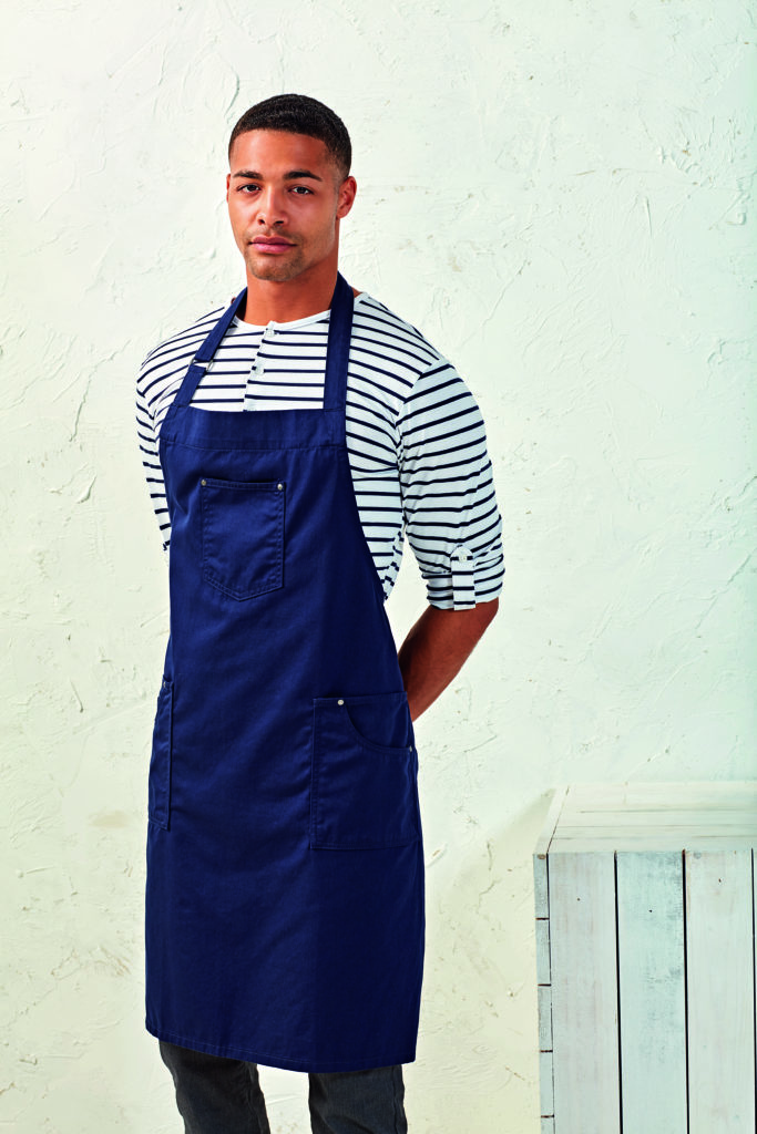 Striped Button Down T-Shirt, Navy Chino Bib Apron